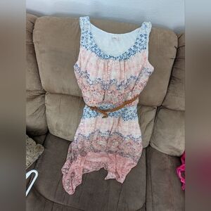 Pink and Blue Sleeveless Dress with Belt